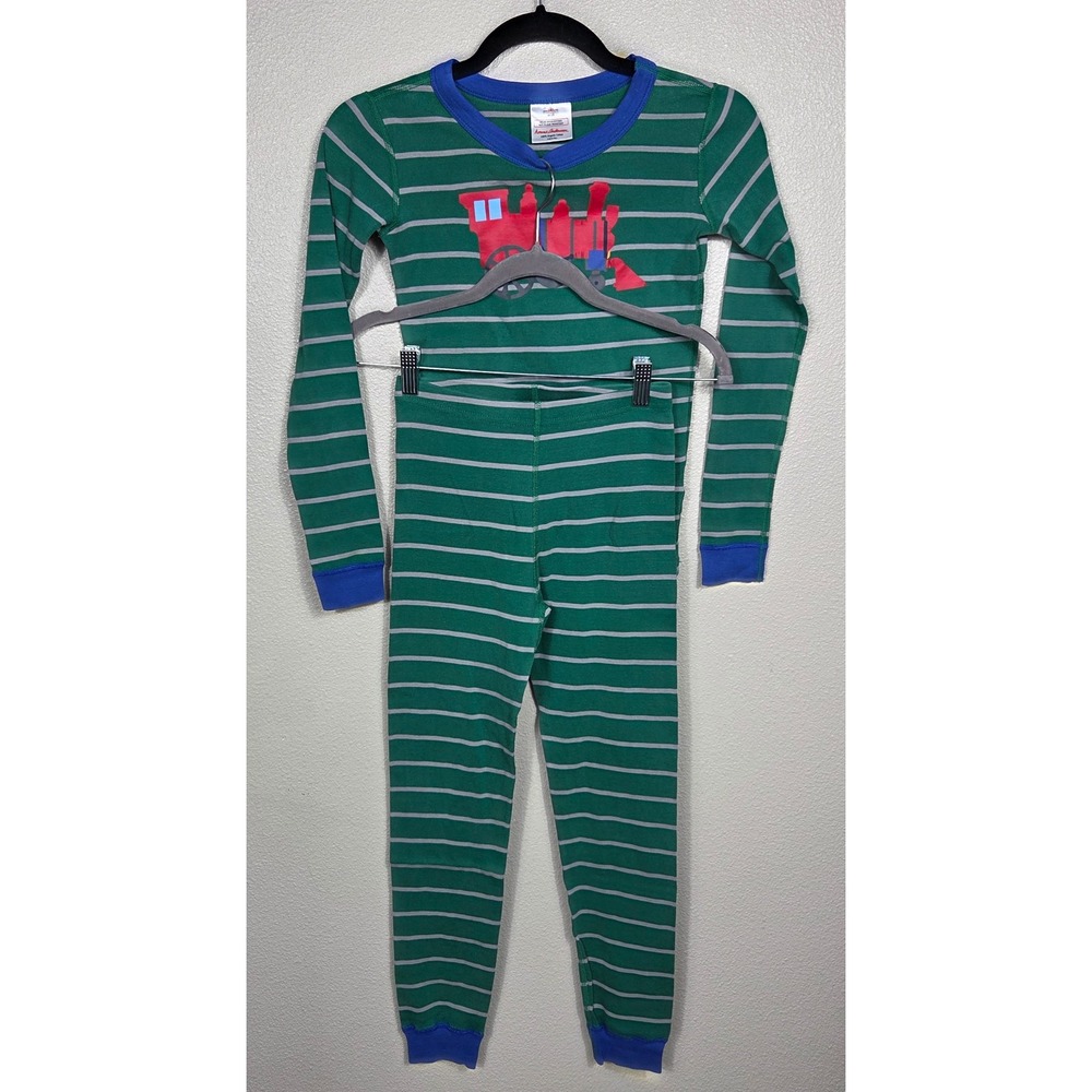 Hanna Andersson Organic Cotton Train Pajamas Green Stripe Kids Size 10 140